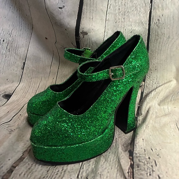 Ellie Women’s Platform Chunky Heel Green Glitter Sequin Maryjane St Paddy’s Sz 7 - Picture 3 of 10